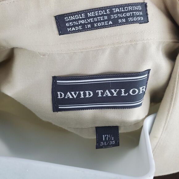 David Taylor Shirt Mens 17.5 34/35 Tan Dress Button Front Single Needle Pocket - Picture 9 of 9